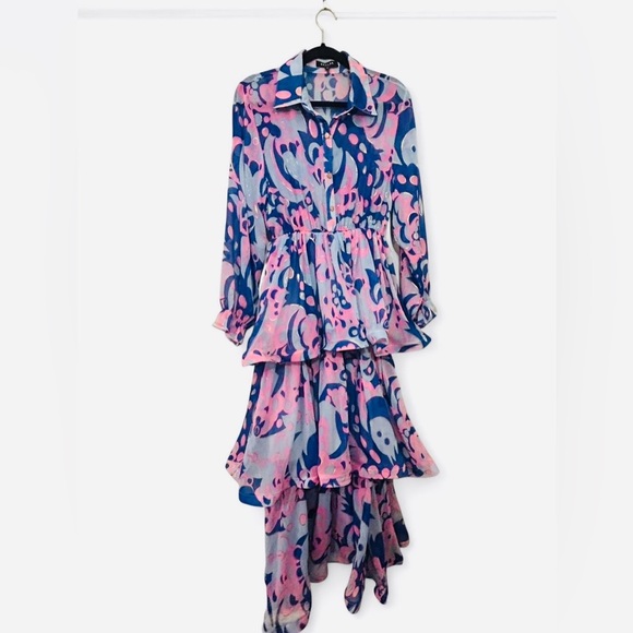 Retro Ripple Ruffle Summer Dress with pink and blue swirling abstract colors - Picture 2 of 11